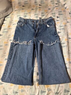 Zara Light Blue Wide-Leg Distressed Jeans